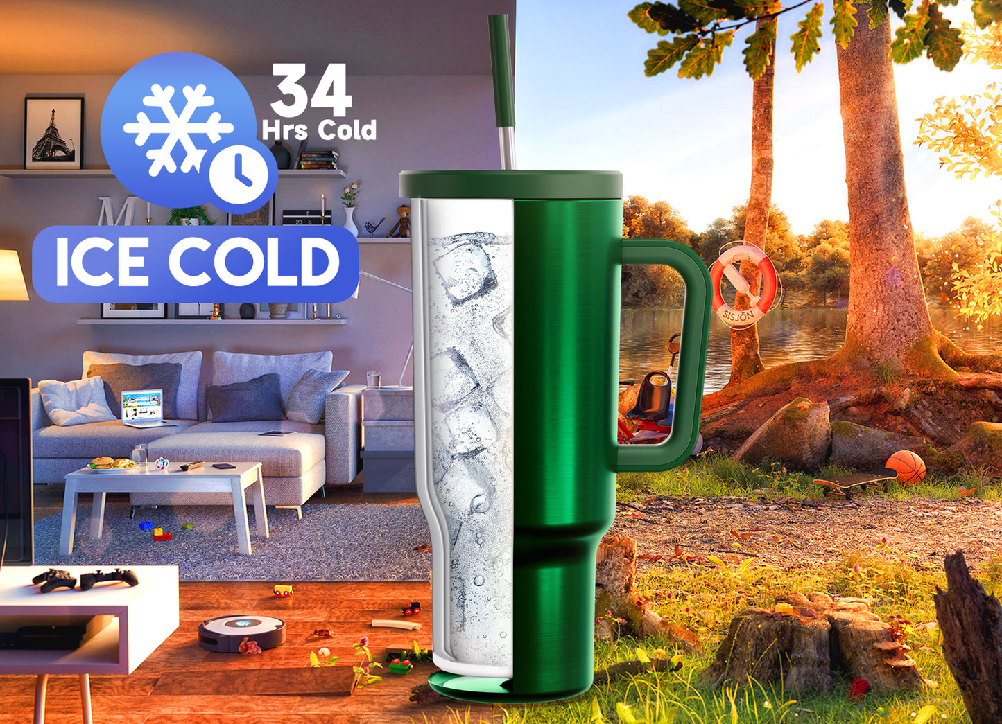 Copo Tumbler com Canudo 1.18L - Floresta Verde