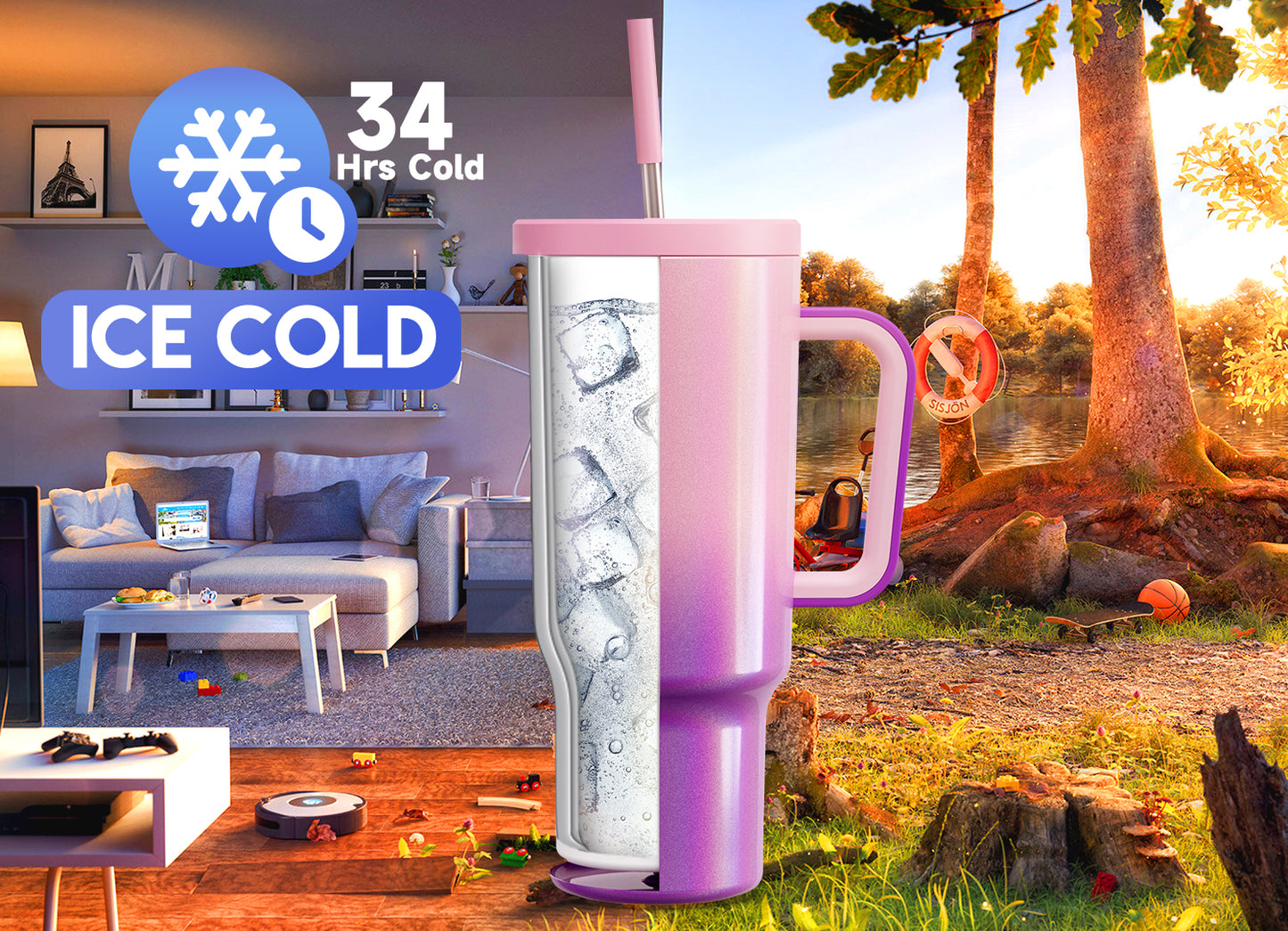 Copo Tumbler com Canudo 1.18L - Gradiente Roxo e Rosa