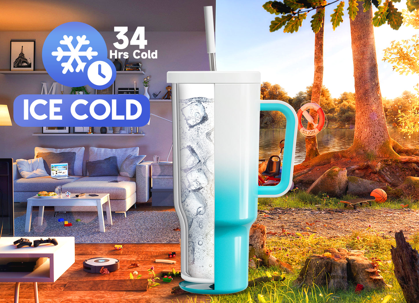 Copo Tumbler com Canudo 1.18L - Gradiente Azul e Branco