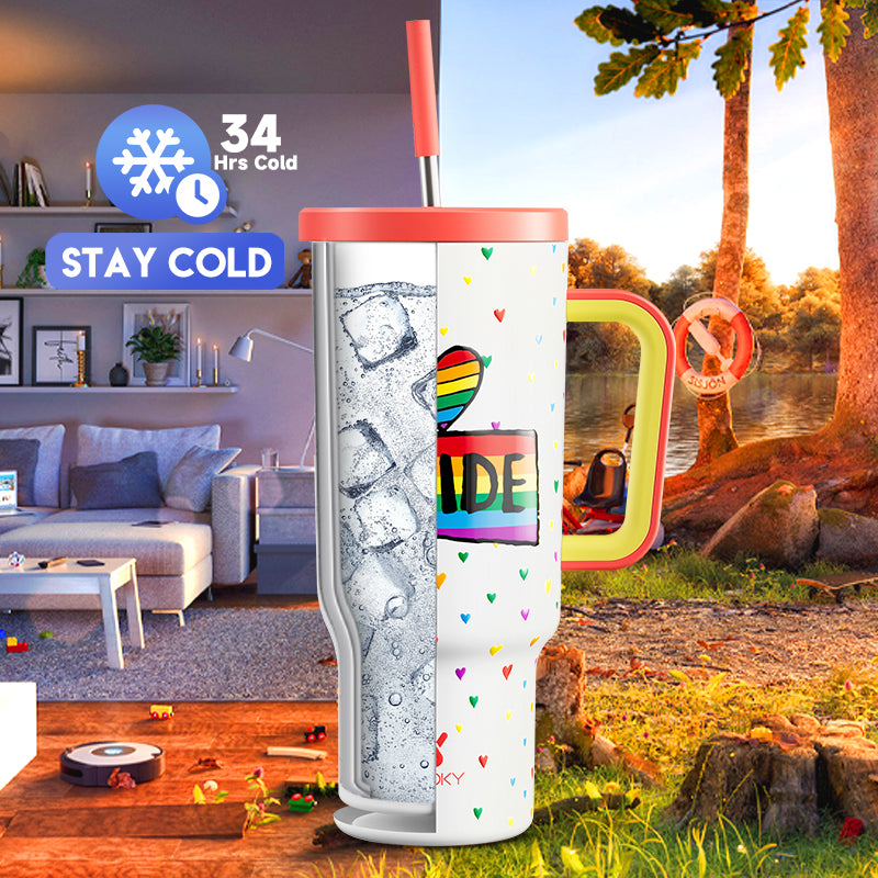 Copo Tumbler com Canudo 1.18L - Coração Arco-Íris