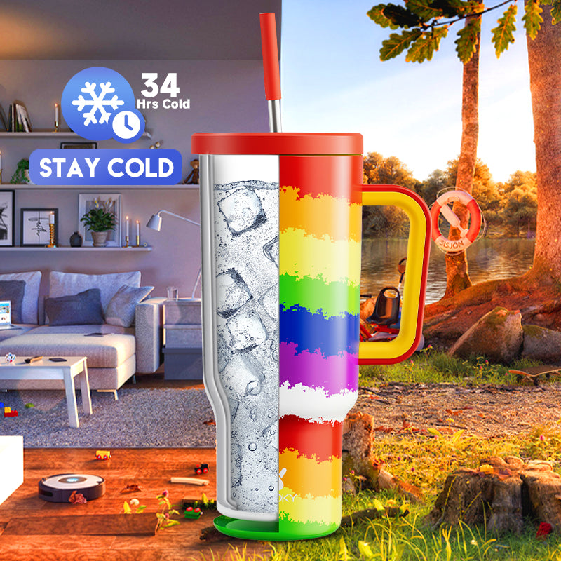 Copo Tumbler com Canudo 1.18L - Coração Arco-Íris