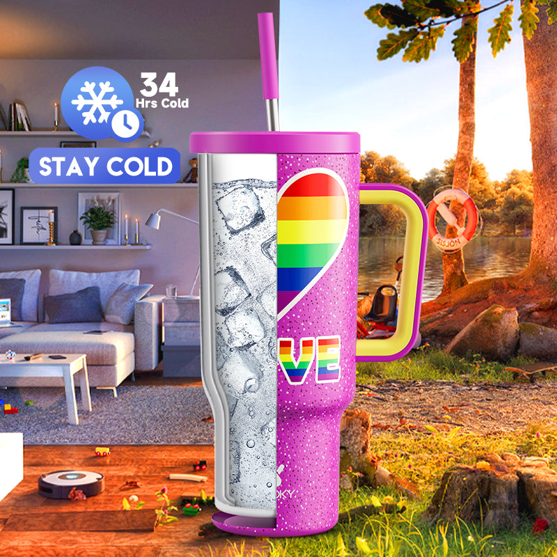 Copo Tumbler com Canudo 1.18L - Coração Arco-Íris