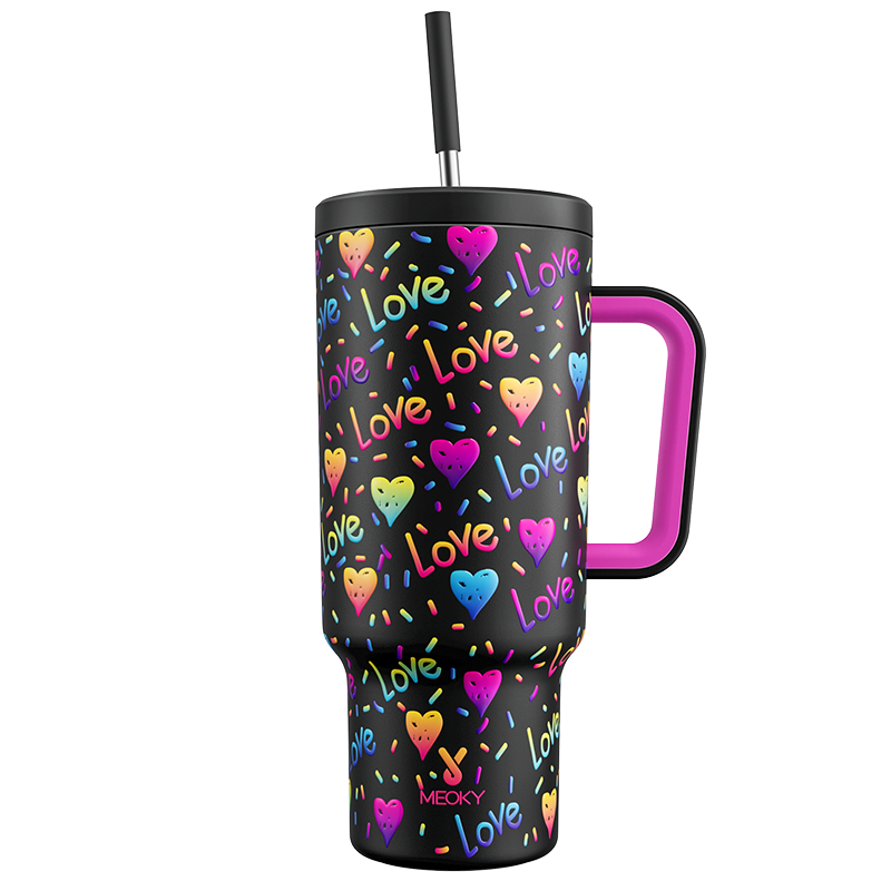 Copo Tumbler com Canudo 1.18L -Coração Arco-Íris