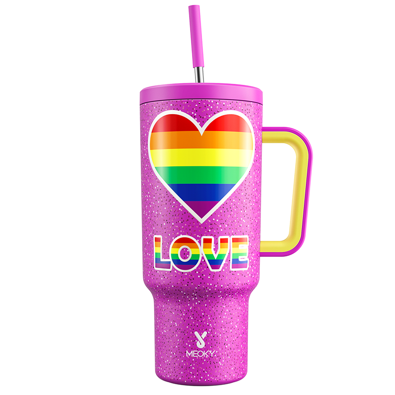Copo Tumbler com Canudo 1.18L - Coração Arco-Íris